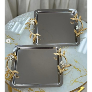 Fabulosa bandeja de servicio de Metal con asas de hoja de oro, bandeja decorativa cuadrada para decoración del hogar para comedor, bandeja de comida para servidor - Product Image 1