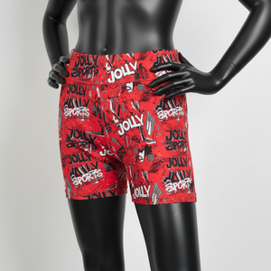 Shorts pour femme en polyester et élasthanne doux, imprimé streetwear rouge, coupe ajustée, tissu respirant, logo sublimé. - Product Image 2