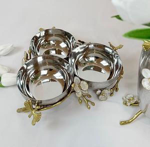 Modern Indian Under Glazed Dishes Brass Boarder With Floral Pattern Stainless Steel Trays <b>Tier</b> Stand <b>Fruit</b> Salad And Nut <b>Bowls</b> - Product Image 4