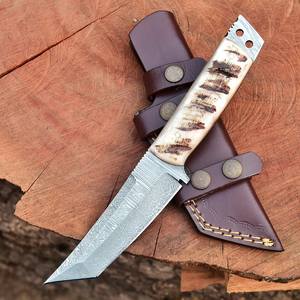 Couteau Tanto à lame fixe en acier Damas de qualité industrielle, fabrication OEM, style nordique, manche en corne de biche, lame pleine, pour la chasse, le camping et le transport - Product Image 5