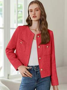 Chaqueta Blazer Corta de Tweed para Mujer, Manga Larga, con Botones, Estilo Casual de Negocios, con Bolsillos - Product Image 2