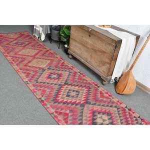 Tapis Kilim turc vintage grande surface 29x112 pieds rouge beige plat tissage tapis de jute avec motif patchwork support en latex pour couloir - Product Image 1