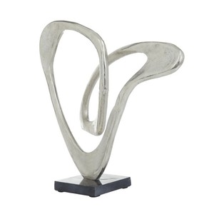 Sculpture abstraite déco en aluminium en métal argenté Sculpture décorative abstraite en boucle Statue décorative avec base noire - Product Image 2