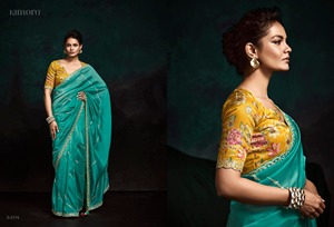 Sari en soie Georgette de créateur, broderie en tissu froissé doux, style indien pakistanais, pour mariage et soirée, élégant, avec bordure, pour femme, 5.50 - Product Image 2
