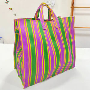 Bolso de compras a rayas tejido plástico cremallera reutilizable respetuoso con el medio ambiente hecho a mano bolsas de playa recicladas estuches para cosméticos - Product Image 1