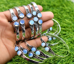 Opalite Gemstone Chunky Vintage Antique Silver Plated Brass Bangles Unisex Jewelry Prem Bhaya BN22 for Anniversary Fashion - Product Image 1