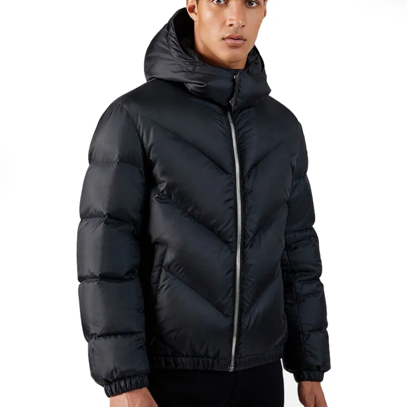 Siyah OEM üretici kış açık yastıklı ceket özel erkekler fermuar kalın kapitone aşağı kabarcık balon ceket V şekli astar