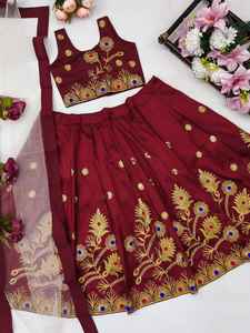 Shoryam Mode Filles Ethnique Soie Pihu Lehenga Choli-Marron Broderie Florale Longueur Au Sol Enfants Robe Traditionnelle pour la Fête - Product Image 3