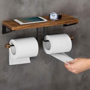 Portarrollos de papel higiénico de baño de madera quemada montada en la pared con barra de metal doble y estante de exhibición de 15 pulgadas - Product Image 2