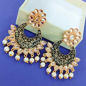 Indian Chandbali <b>Earrings</b> Crystal Faux Pearl Floral Dangle Enamel <b>Earrings</b> For Women Jewelry, Black - Product Image 2