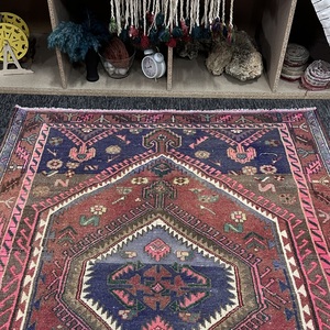 Tapis turc 4,6x6 pieds, tapis d'appoint vintage, tapis géométrique en laine rose et bleu - Product Image 4