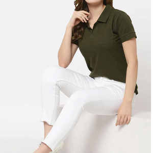 เสื้อโปโลผ้าฝ้าย100% สำหรับผู้หญิงเข้ารูปแบบลำลองกับคอลายทางแบบถักลายทางสีทึบของผู้หญิง - Product Image 4