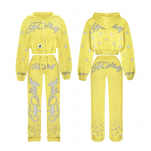 Ensemble survêtement 2 pièces pour femme, imprimé pailleté jaune, sweat à capuche et pantalon de survêtement, streetwear, coupe ample, longueur intégrale - Product Image 1