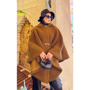 Women's Tan Belted Lamb <b>Poncho</b> Elegant Faux Fur Coats - Product Image 6