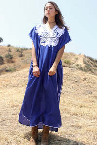 Pretty Classic Floral Embroidered Bedouin Maxi Dress Gold Cord/Southeast Embroidery Adjustable <b>Back</b> <b>Tie</b> Slightly Sheer Cotton - Product Image 3