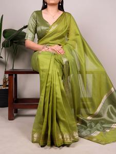 Sari de Seda de Algodón con Tejido Zari, Ropa Étnica India, con Piezas de Blusa, Precio Bajo, Uso Casual y Festivo - Product Image 3