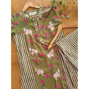 Conjunto Kurta Bohemio Pichwai Color Oliva con Mangas Tres Cuartos para Primavera/Verano - Product Image 2