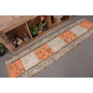 Alfombra turca vintage de 2,2x7,8 pies de retazos, naranja, gris, hecha a mano, área grande, rectángulo, pasillo, lana, poliéster, látex, alfombra para habitación - Product Image 5