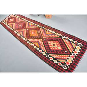 Tapis Kilim Turc Vintage 28 x 11 pieds Rouge Audacieux Écologique à Poil Moyen Tissage Plat Motif Patchwork en Laine avec Support en Latex – Pièce Maîtresse - Product Image 4