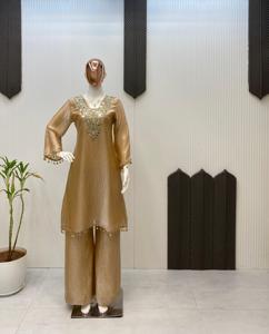 Presentación de nuevo diseñador Fendy tela bordado espejo trabajo Plazzo Kurti par listo para usar más vendido boda Festival chica - Product Image 5