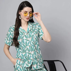 Conjunto de Pijama Étnico de Invierno, Informal, de Algodón, con Estampado Floral, Manga Corta, Cuello en V, Transpirable, Suave, de Secado Rápido, con Botones y Pantalones, ODM - Product Image 1