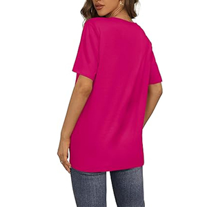 Femmes été décontracté rose vif vente en gros à manches courtes T-Shirts broderie décoration respirant toile col en v Style - Product Image 3