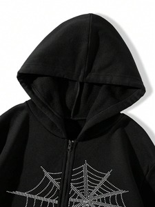 เสื้อฮู้ดลายแมงมุมพลอยเทียมสำหรับผู้ชายผู้หญิงเสื้อสเวตเชิ้ตสไตล์สตรีทแวร์ผ้าคอตตอนผสม320GSM ดีไซน์ตามสั่งมีโลโก้ - Product Image 3