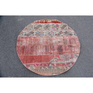 Alfombra turca Vintage roja de 4,2x4,2 pies, área grande, respaldo de látex de lana, patrón de retazos, comedor, alfombra ovalada ecológica mediana - Product Image 1