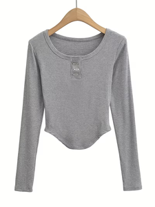 Camiseta de Mujer al por Mayor de Alta Calidad, Cuello Redondo con Botones Decorativos, Manga Larga en Contraste, Top para Primavera/Verano, Bangladesh - Product Image 2