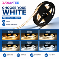 RAYMATES Premium UL ETL 480leds/m 2700K Strip Lampu Fleksibel COB DC24V Lampu Strip LED COB untuk Pencahayaan Rumah Pintar Modern