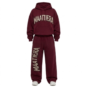 Conjunto de Sudadera con Capucha y Pantalones Anchos de Felpa Color Granate para Mujer, Estilo Casual Urbano, Dos Piezas - Product Image 5