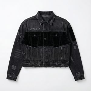 Veste en jean personnalisée 14 oz avec panneau en velours, broderie effet vieilli, coupe droite, longueur classique, style streetwear, coupe ample, coupe-vent, écologique, col rabattu - Product Image 1