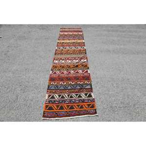 Tapis Kilim turc 2,5x10,7 pieds, tapis vintage en laine persane rouge et bleu - Product Image 1