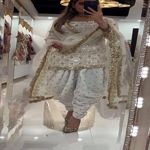 Conjunto Tradicional Indio para Mujer, Color Blanco, Diseño de Moda, Kurta/Kurti de Georgette para Ramzan, Pantalón Estilo Dhoti, Venta al Por Mayor - Product Image 1
