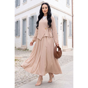 Conjunto de Dos Piezas en Crepé Beige para Mujer, Falda Kimono con Lazos Laterales y Blazer, Atuendos de Otoño, Talla XS - Product Image 1