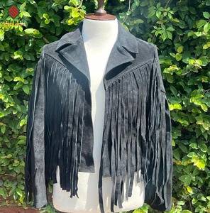 Veste en daim noir pour femme, 100% cuir véritable, douce, avec franges, veste en cuir avec franges, cadeau pour elle, veste de soirée - Product Image 1