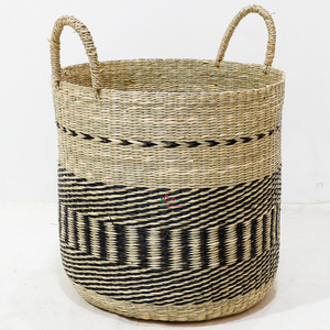 Artex Dong Thap Factory Handwoven Round <b>Seagrass</b> <b>Basket</b> with Half Round Handles Natural Color Home Storage Decor - Product Image 1