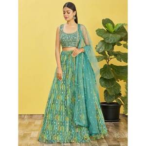 Impresionante Lehenga Choli de Organza con Bordado de Espejo Verde Mar, Elegante Traje de Novia para Ocasiones Especiales - Product Image 4