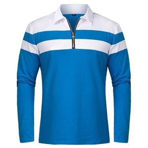 Polo à manches longues en tricot rayé bleu et blanc pour homme, fermeture éclair, sportif, séchage rapide, coupe classique - Product Image 1