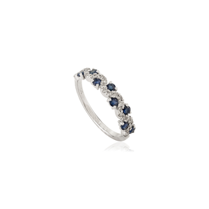 Bague demi-éternité en or blanc véritable 14 carats avec saphir bleu et diamants, design ondulé simple, qualité supérieure, vente chaude, bijoux de tous les jours - Product Image 3