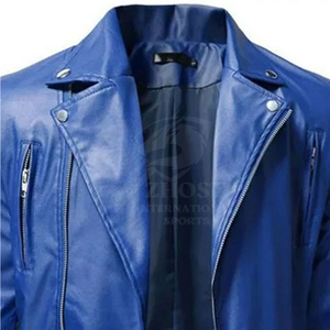 Blue PU <b>Leather</b> Biker <b>Jacket</b> Men Zipper Motorbike <b>Jacket</b> Stand Collar <b>Long</b> Sleeve Casual Winter Outerwear - Product Image 3
