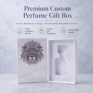 Coffret Cadeau <span class=keywords><strong>Parfum</strong></span> Mandala Lion Personnalisé, Design Marbre Lavé, Emballage Rigide Deux Pièces avec Insert Découpé pour Bouteille, Idéal pour Parfums de Niche - Product Image 1