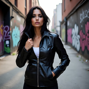 Chaqueta corta de cuero de estilo callejero OEM para mujer, abrigo de cuero PU con varios paneles, chaquetas de cuero de motorista cortas personalizadas para mujer - Product Image 3