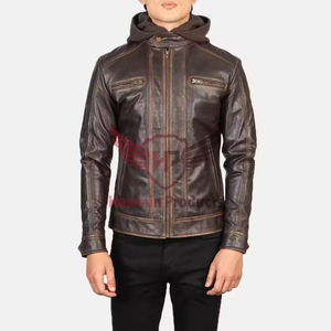 Mens Real Brown Leather Hooded <b>Jacket</b> Distressed Zip Chest Pockets <b>Sheepskin</b> Dark Racer Biker Coat Custom Vintage Winter Outerwe - Product Image 2