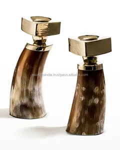 High Quality Viking Ox Horn Candle Holder with Eco-Friendly Metal <b>Stand</b> Polished Nautical Style Long Cow Horn Christmas Decor - Product Image 1