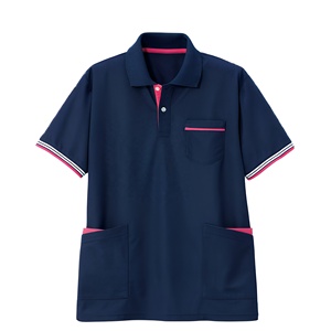 Polo à manches courtes bleu marine pour homme avec détails roses et poches, style décontracté tissé - Product Image 1