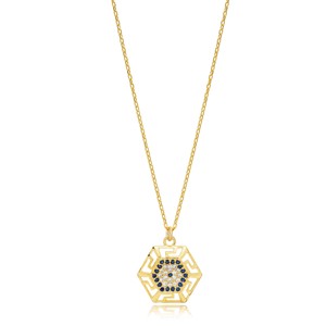 Collar con Colgante de Plata de Ley Hecho a Mano con Motivo Griego de Ojo Turco, Corte Hexagonal Geométrico y Baño de Rodio - Product Image 1