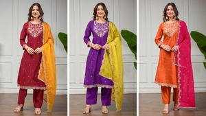 ชุดคุर्ตาดีไซเนอร์ ผ้าไหมโรมัน ปักลายด้วยเลื่อม ชุดคุर्ติแบบปากีสถาน กางเกงพร้อมผ้าคลุมไหล่ จากซัพพลายเออร์อินเดีย - Product Image 6