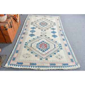 Alfombra Turca Vintage de 4.2x7.4 pies (128x225 cm), Alfombra a Rayas Azul y Blanca - Product Image 1