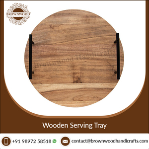 Bandeja de madera de Acacia hecha a mano con asas de Metal, diseño elegante, acabado en madera Natural, Color redondo - Product Image 3